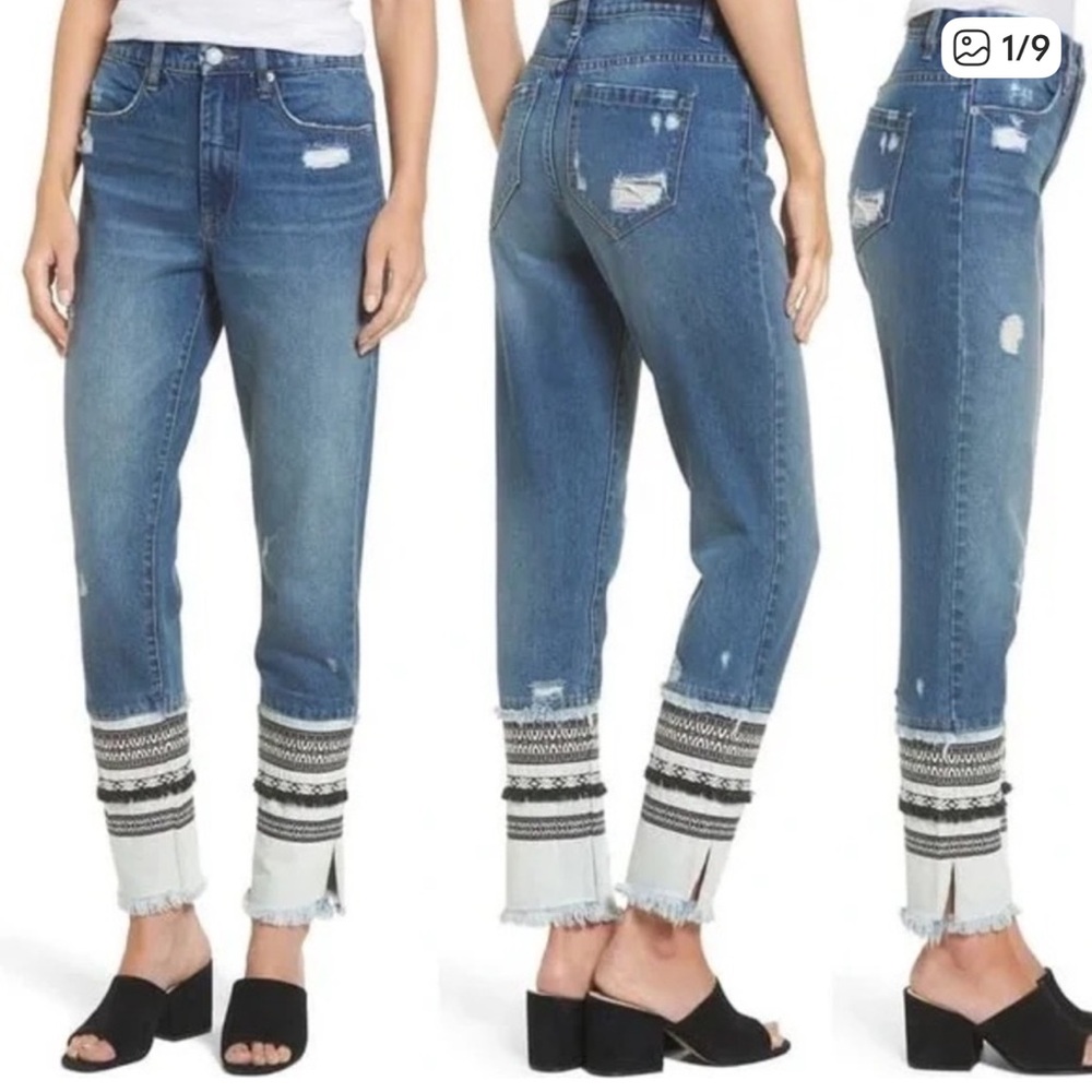 BLANKNYC High Rise Tapered Jean with Embroidered Bottoms Size 26